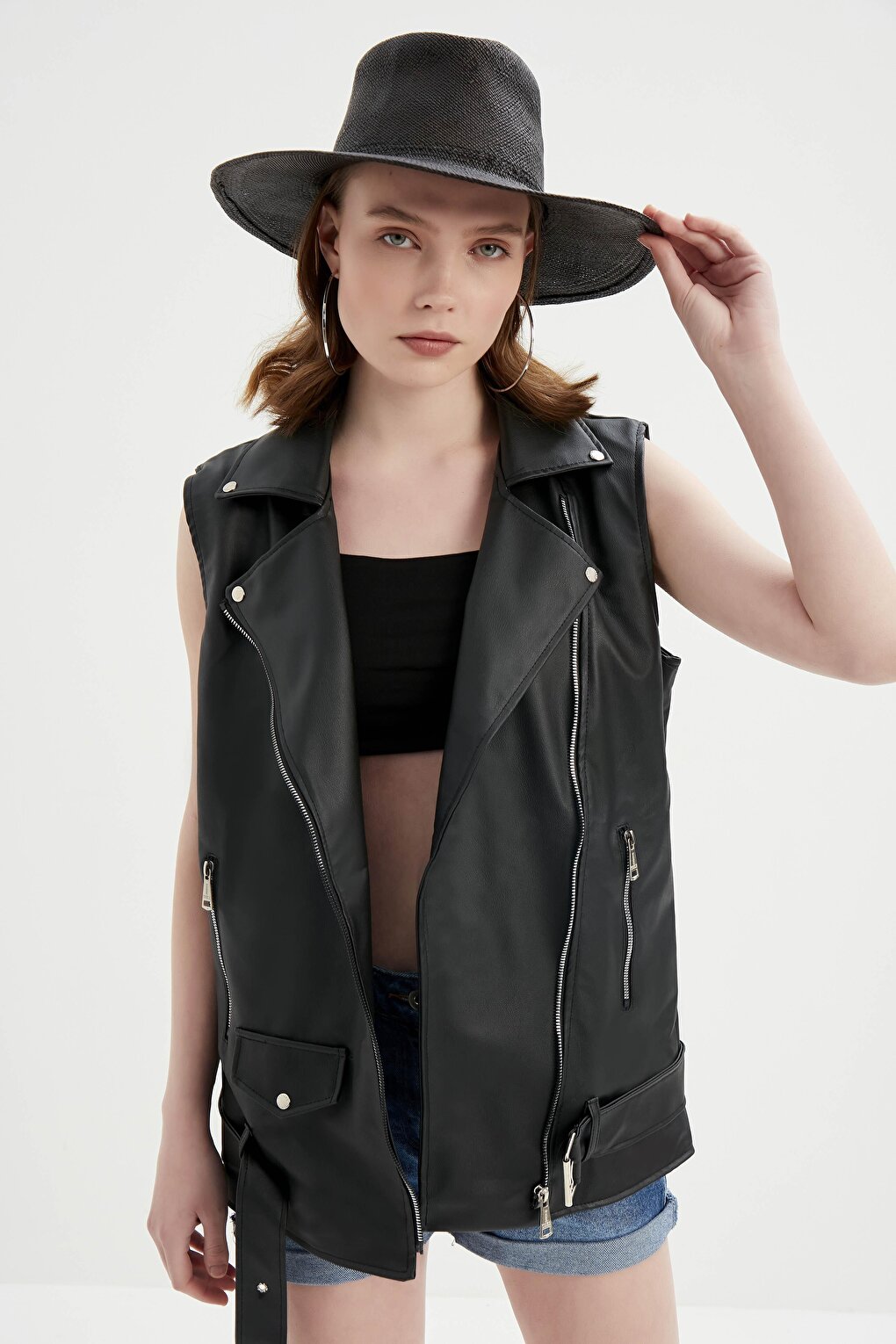 Women's Black Oversize Biker Leather Vest