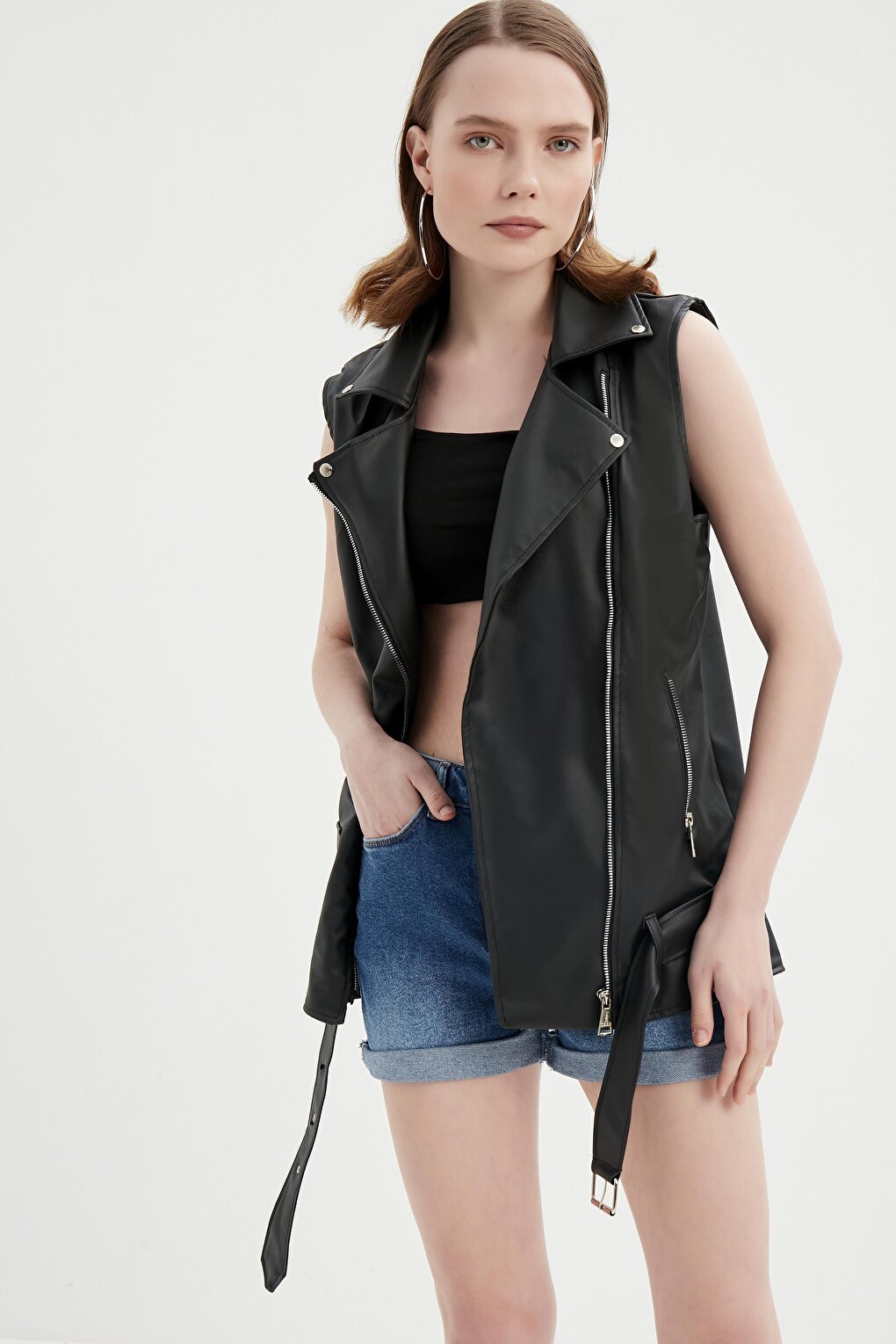 Women's Black Oversize Biker Leather Vest