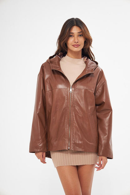 Women's Tan Hooded Lambskin Jacket