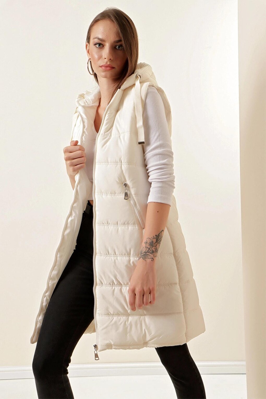 Stone Hooded Long Puffer Vest