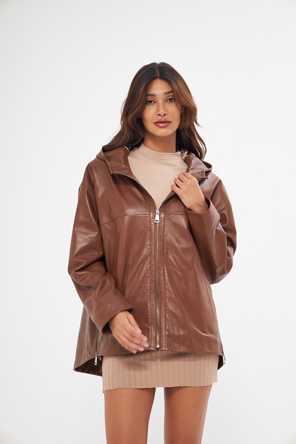 Women's Tan Hooded Lambskin Jacket