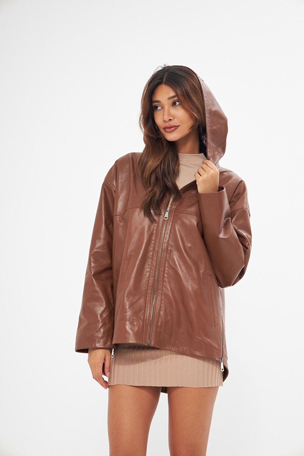 Women's Tan Hooded Lambskin Jacket