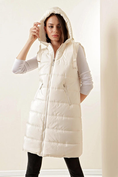 Stone Hooded Long Puffer Vest