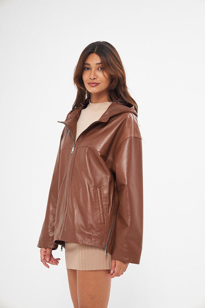 Women's Tan Hooded Lambskin Jacket