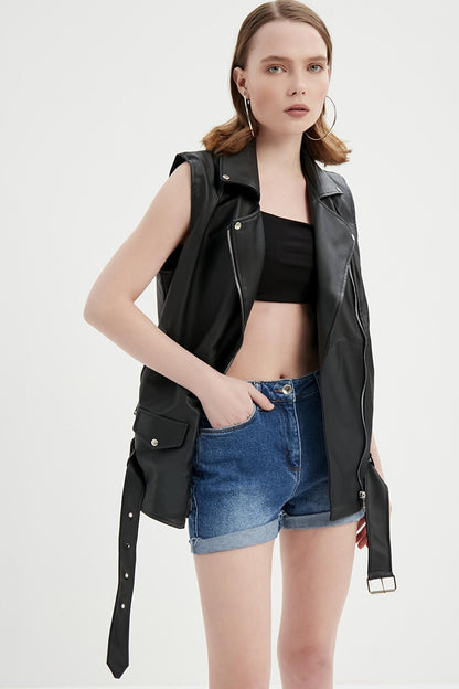 Women's Black Oversize Biker Leather Vest