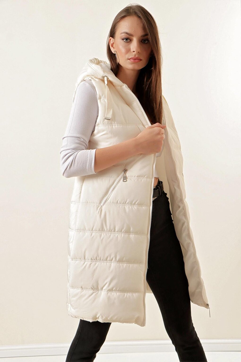 Stone Hooded Long Puffer Vest