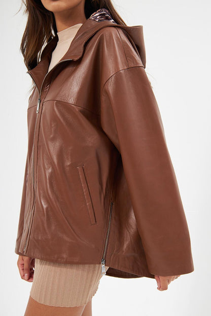 Women's Tan Hooded Lambskin Jacket