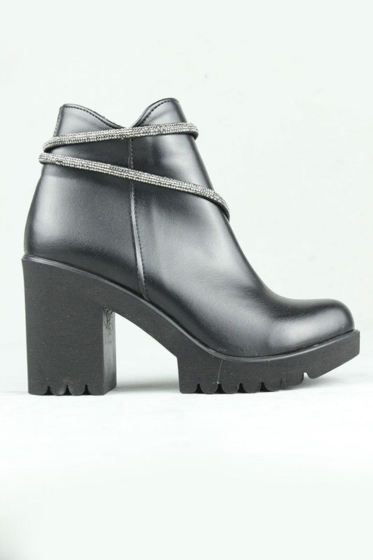 0712 Side Zipper Vegan Leather Heeled Boots Women Black