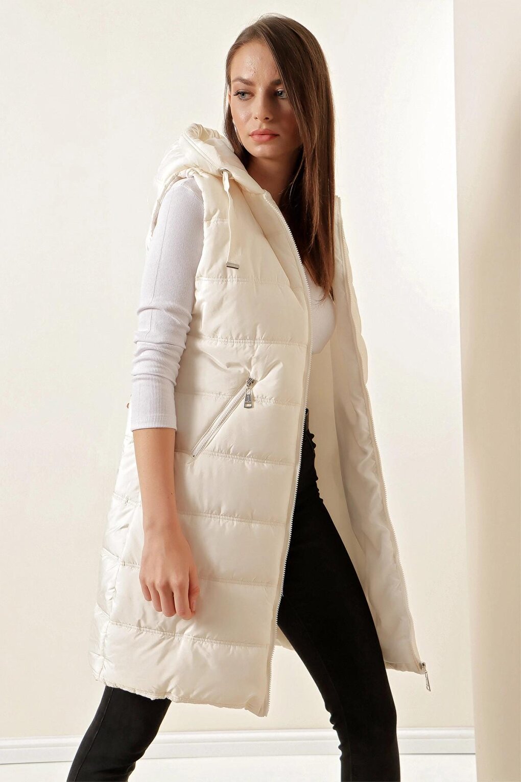 Stone Hooded Long Puffer Vest