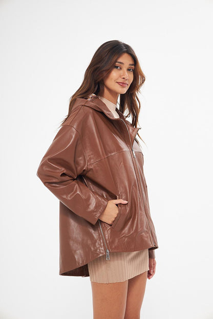 Women's Tan Hooded Lambskin Jacket