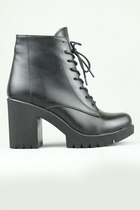 0720 Side Zipper Lace Up Vegan Leather Heeled Boots Women Black