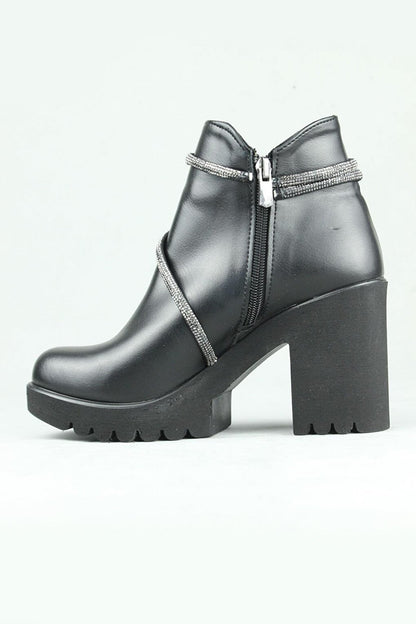 0712 Side Zipper Vegan Leather Heeled Boots Women Black