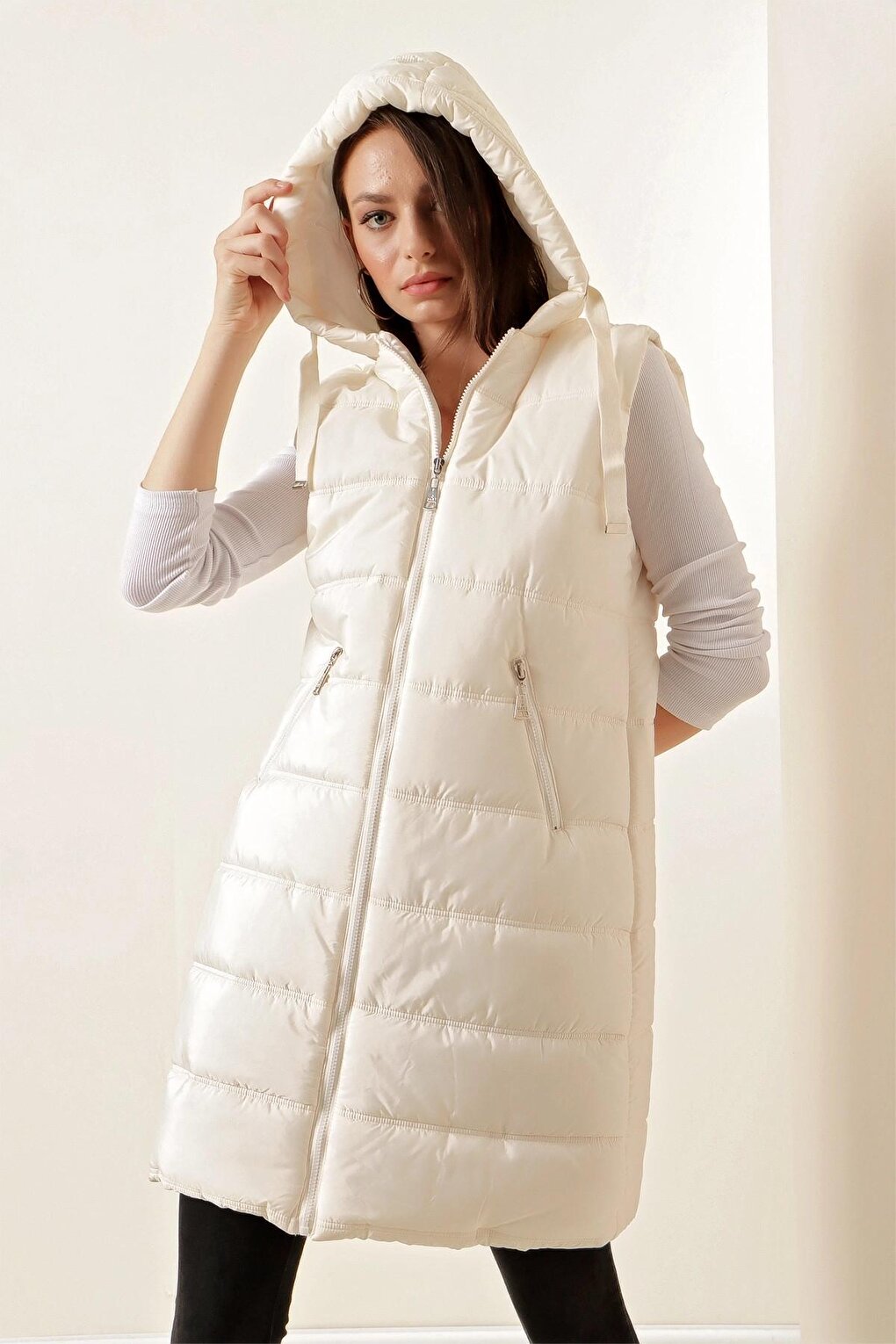 Stone Hooded Long Puffer Vest