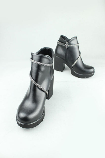 0712 Side Zipper Vegan Leather Heeled Boots Women Black