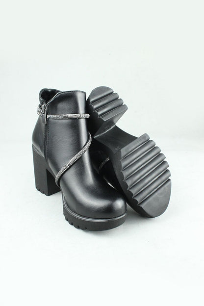 0712 Side Zipper Vegan Leather Heeled Boots Women Black