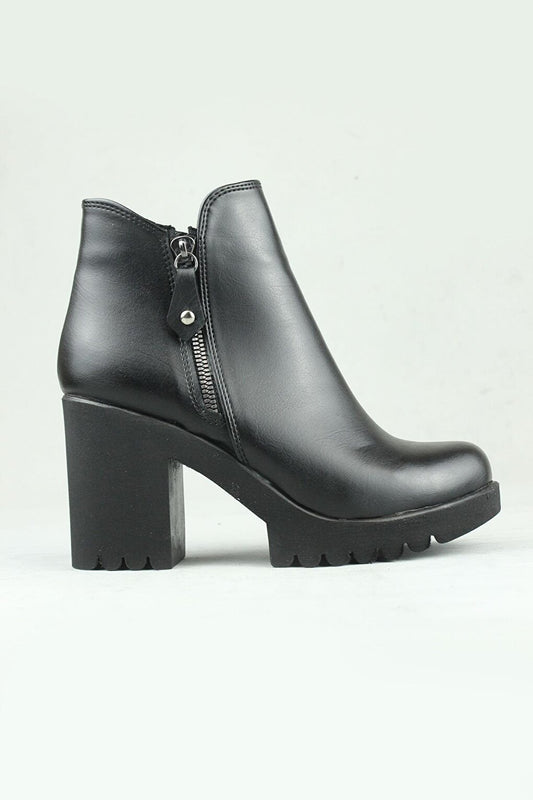 0719 Side Zipper Vegan Leather Heeled Boots Women Black