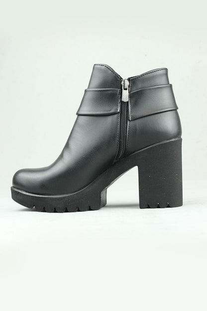 0715 Side Zipper Vegan Leather Heeled Boots Women Black