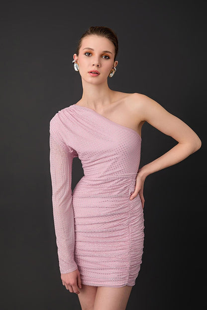 One Shoulder Mini Dress with Stone Accessories Pink