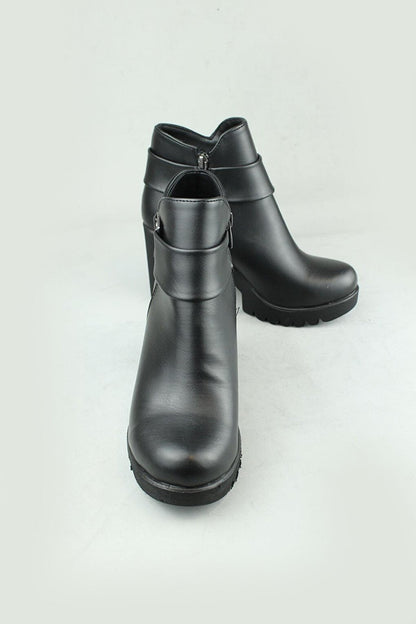 0715 Side Zipper Vegan Leather Heeled Boots Women Black