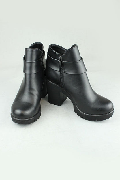 0715 Side Zipper Vegan Leather Heeled Boots Women Black