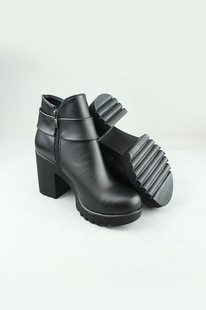 0715 Side Zipper Vegan Leather Heeled Boots Women Black