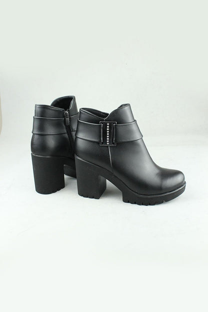 0715 Side Zipper Vegan Leather Heeled Boots Women Black