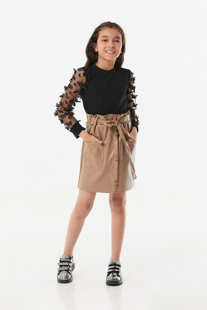 Faux Leather Belted Girl's Skirt