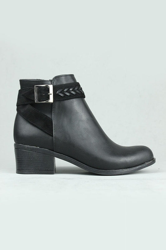 0508 Buckle Side Zipper Vegan Leather Heeled Boots Women Black