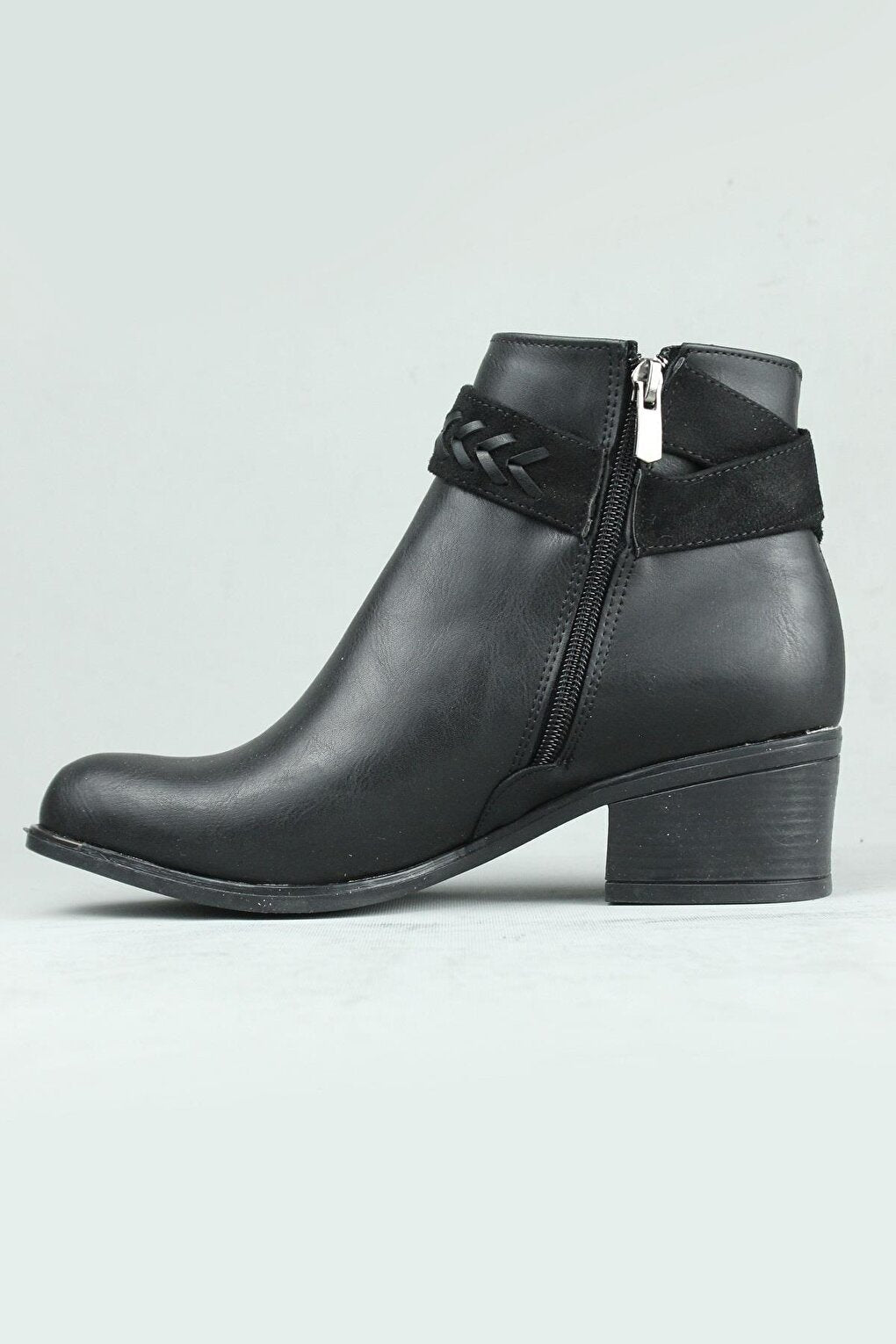 0508 Buckle Side Zipper Vegan Leather Heeled Boots Women Black