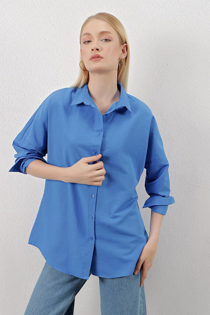 Saks Blue Plain Plain Araboy Basic Oversize Shirt