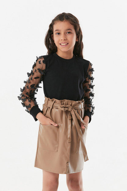 Faux Leather Belted Girl's Skirt