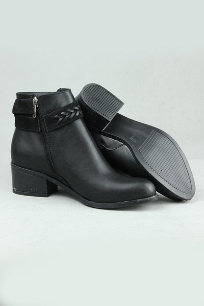 0508 Buckle Side Zipper Vegan Leather Heeled Boots Women Black