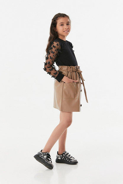 Faux Leather Belted Girl's Skirt