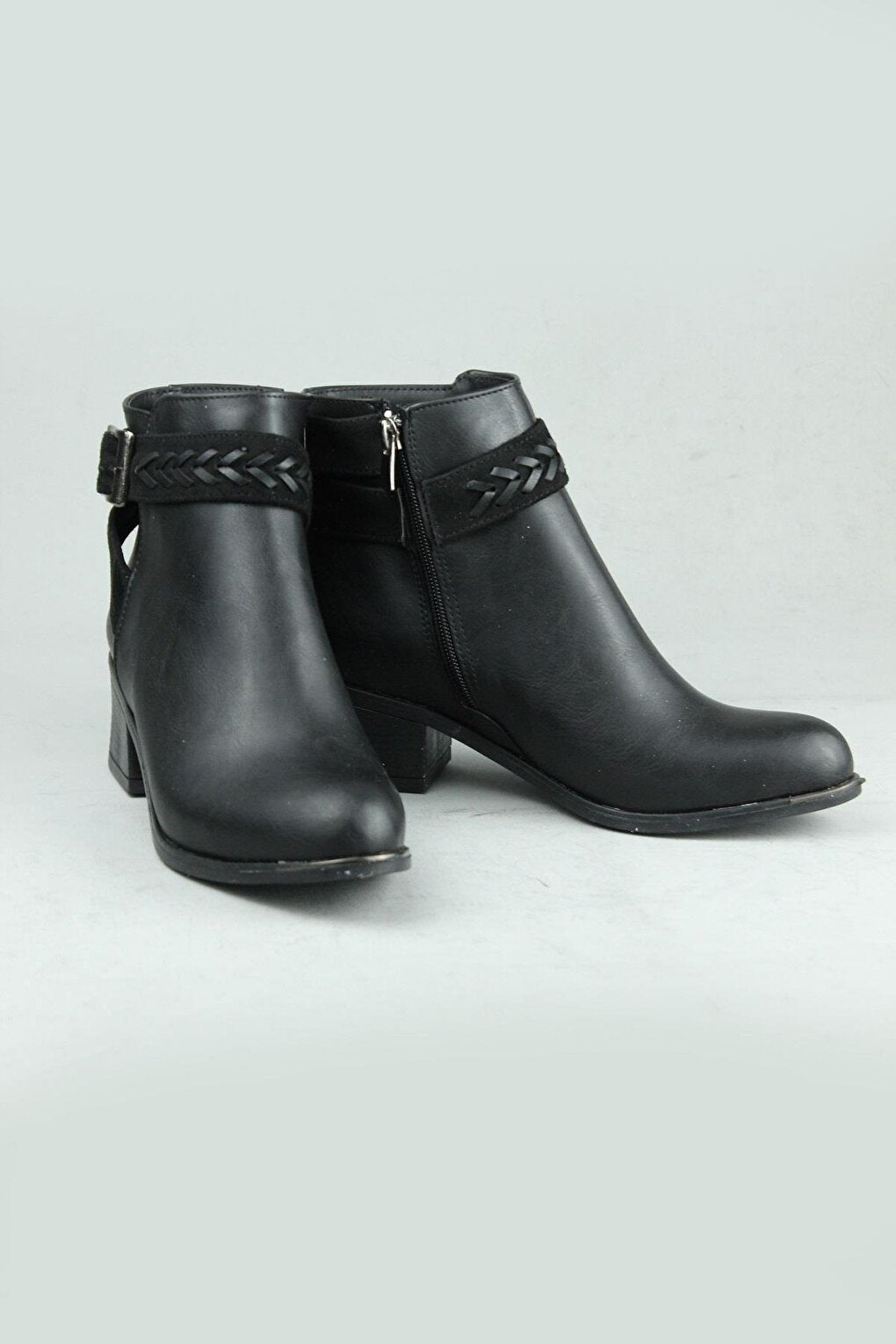 0508 Buckle Side Zipper Vegan Leather Heeled Boots Women Black