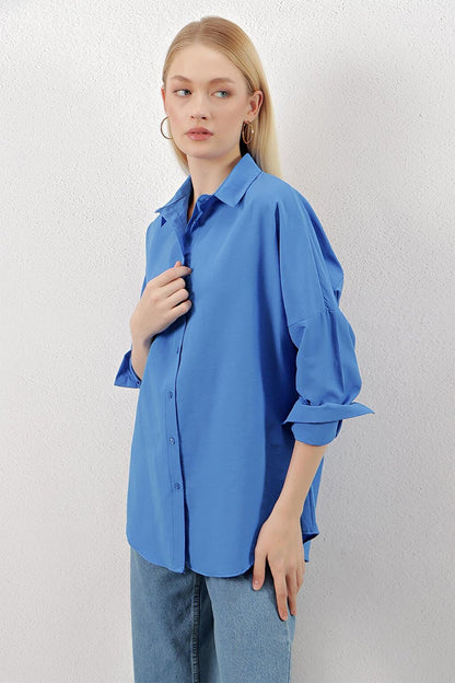 Saks Blue Plain Plain Araboy Basic Oversize Shirt