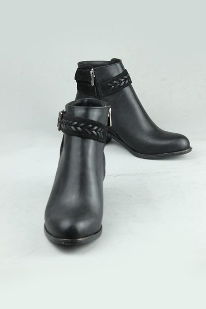 0508 Buckle Side Zipper Vegan Leather Heeled Boots Women Black