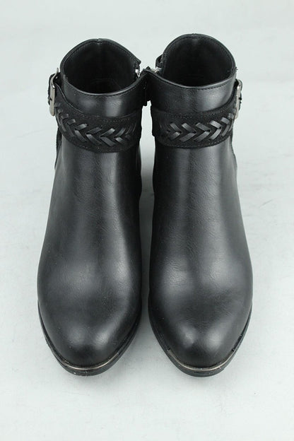 0508 Buckle Side Zipper Vegan Leather Heeled Boots Women Black