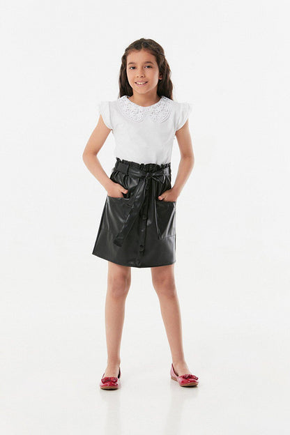 Faux Leather Belted Girls Skirt