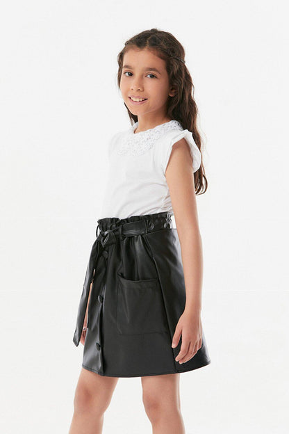 Faux Leather Belted Girls Skirt