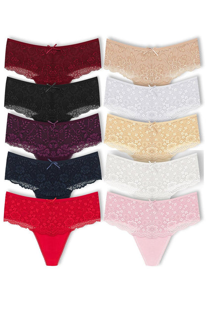 Cotton Lace Front High Waist Thong Women's Panties 10pcs