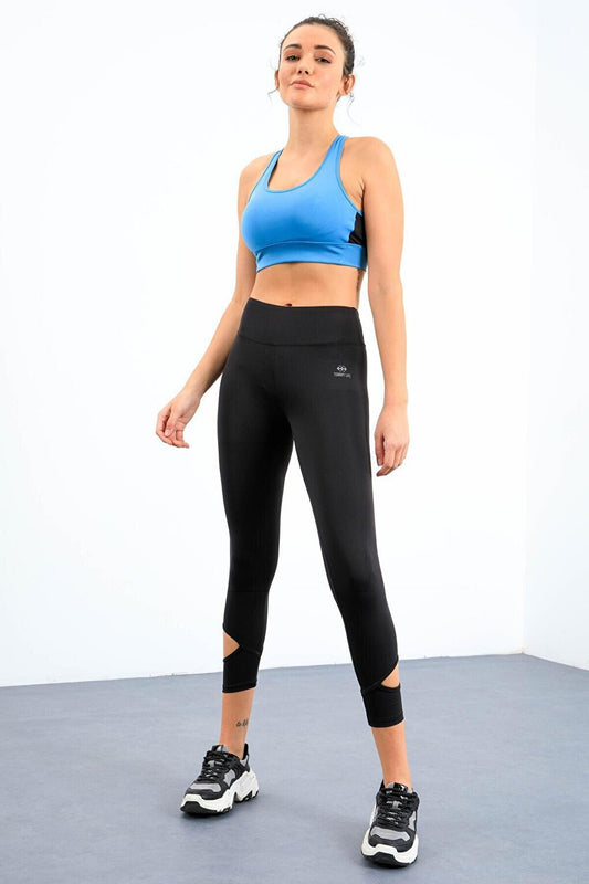 Black High Waist Slim Fit Narrow Leg Women's Leggings with Windows at the Ankles - 94610