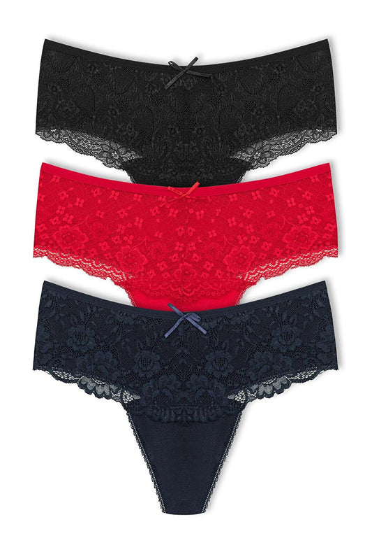 Cotton Lace Front High Waist Thong Women's Panties 3-Piece