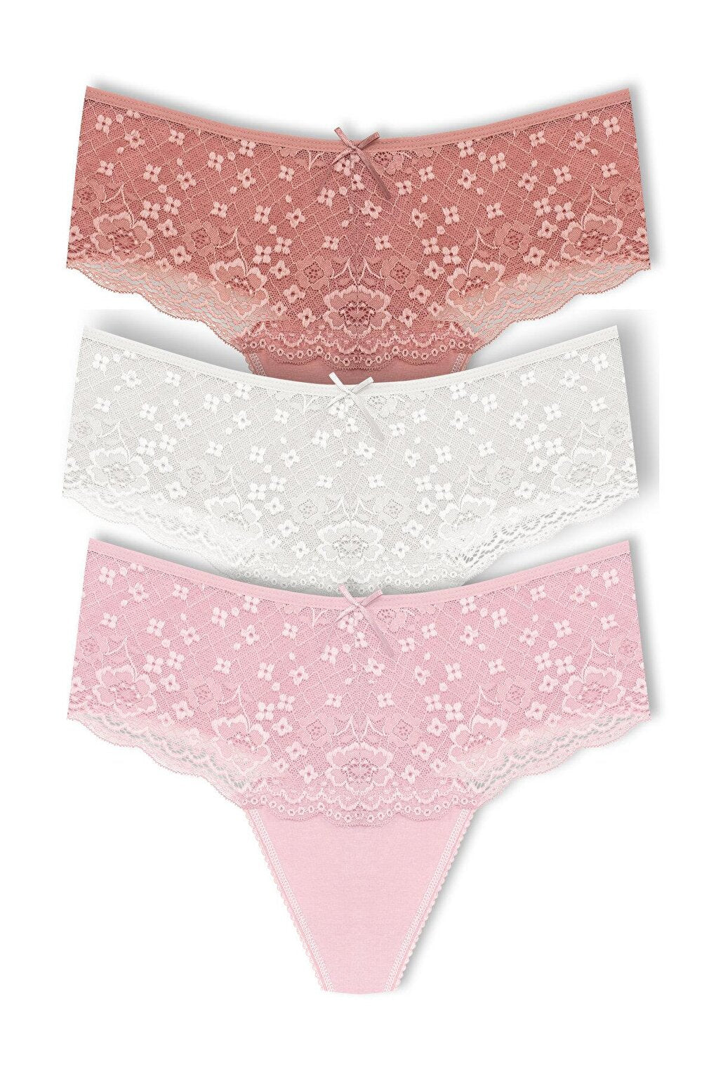 Cotton Lace Front High Waist Thong Women's Panties 3-Piece