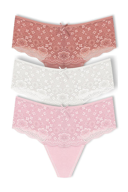 Cotton Lace Front High Waist Thong Women's Panties 3-Piece