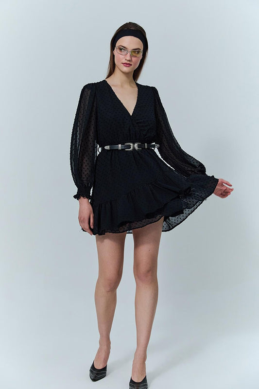 Pleat Detailed Belt Accessory Mini Dress Black