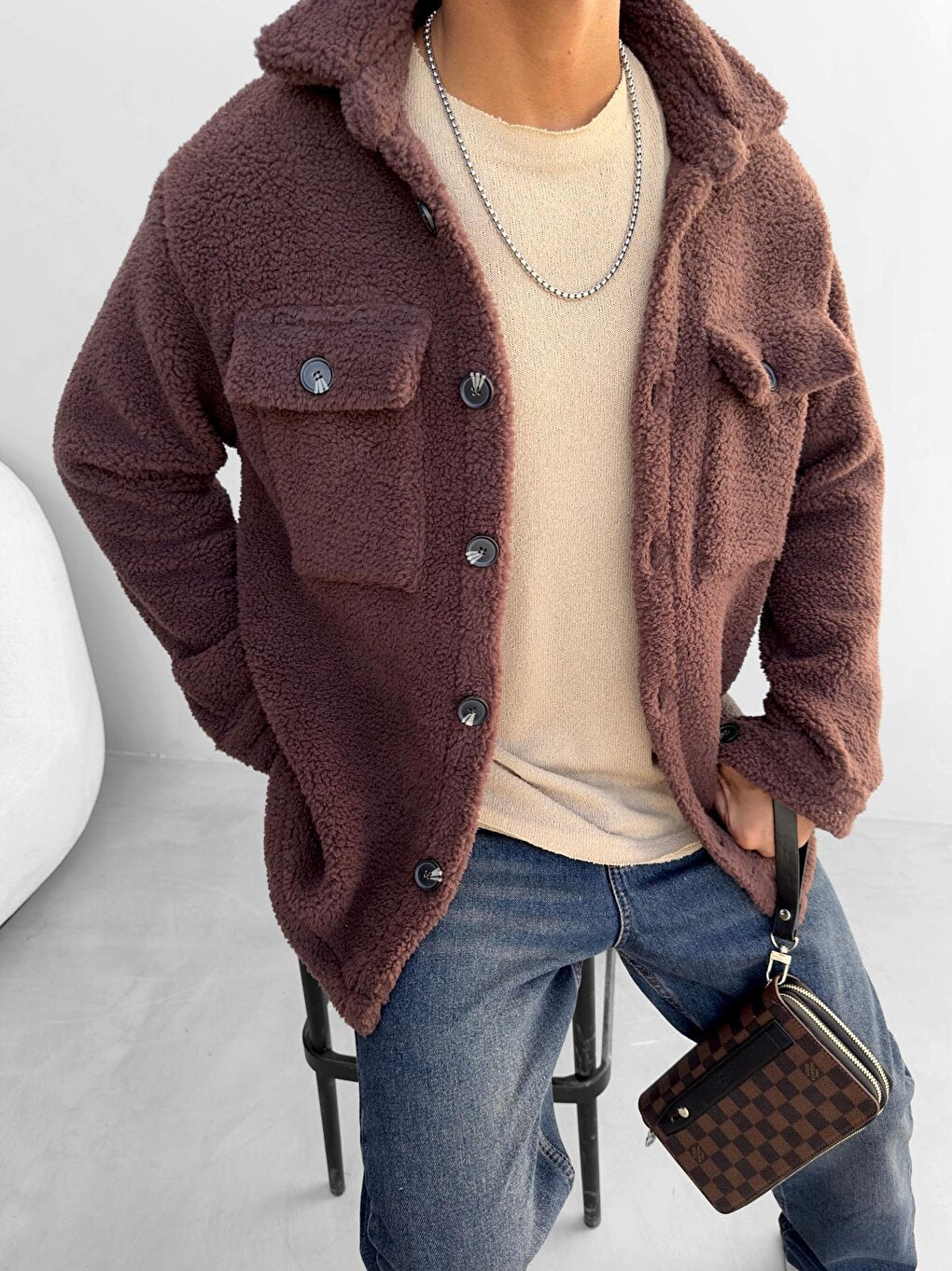 Oversize Front Pocket Plush Jacket Dark Brown