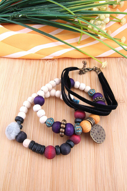 Black Purple Wooden Beaded Triple Bracelet Set