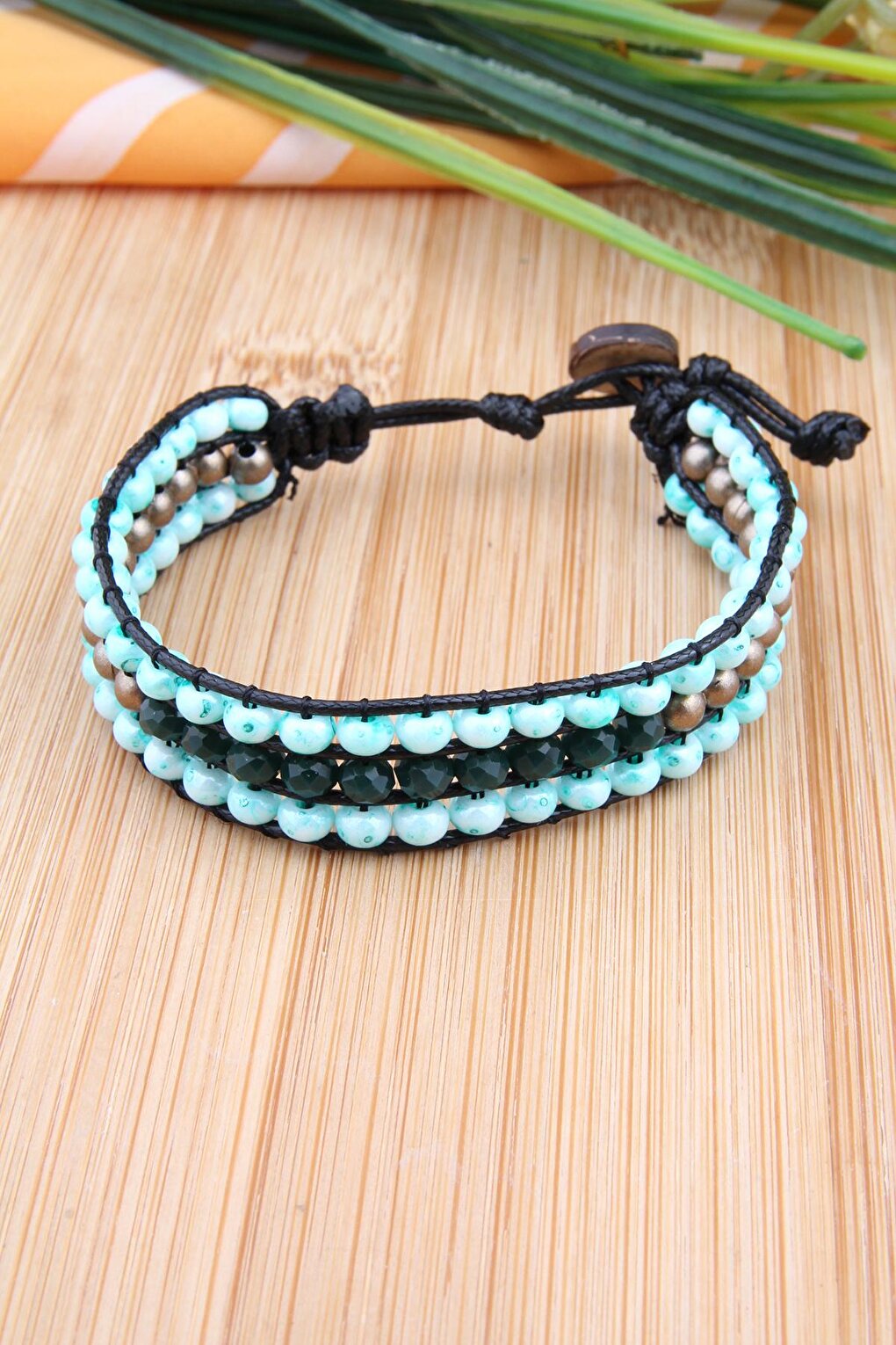 Blue Green Hand Knitted Ethnic Bracelet