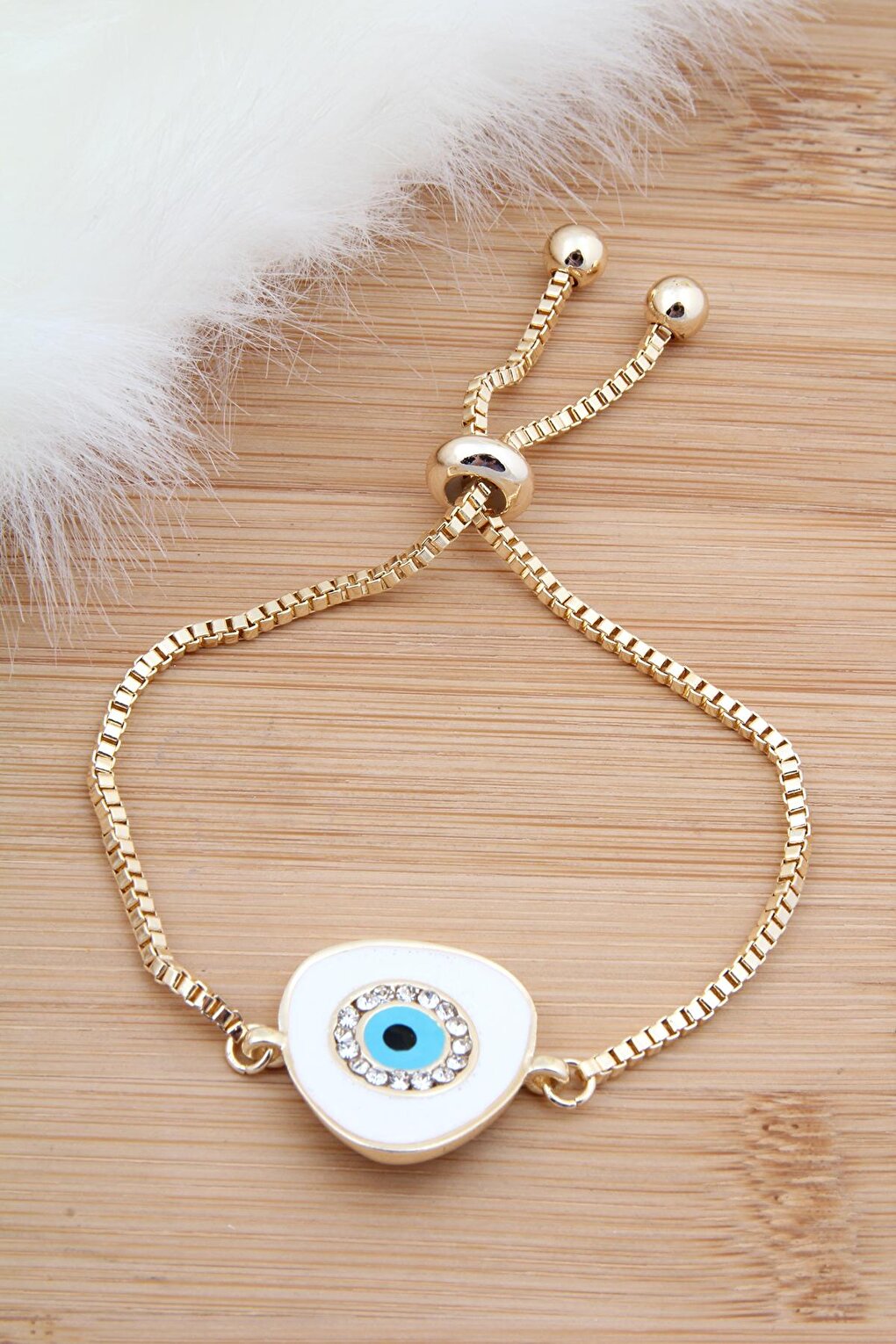 White Evil Eye Beaded Elevator Adjustable Bracelet