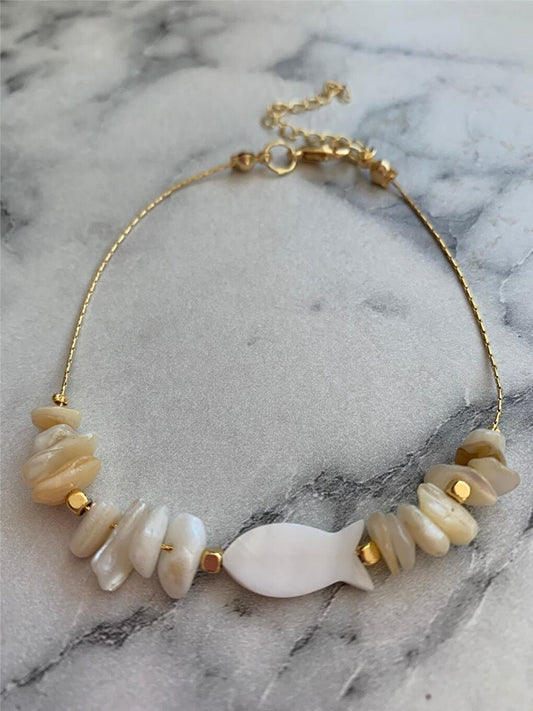 Mother of Pearl Fish and Broken Natural Stone Anklet